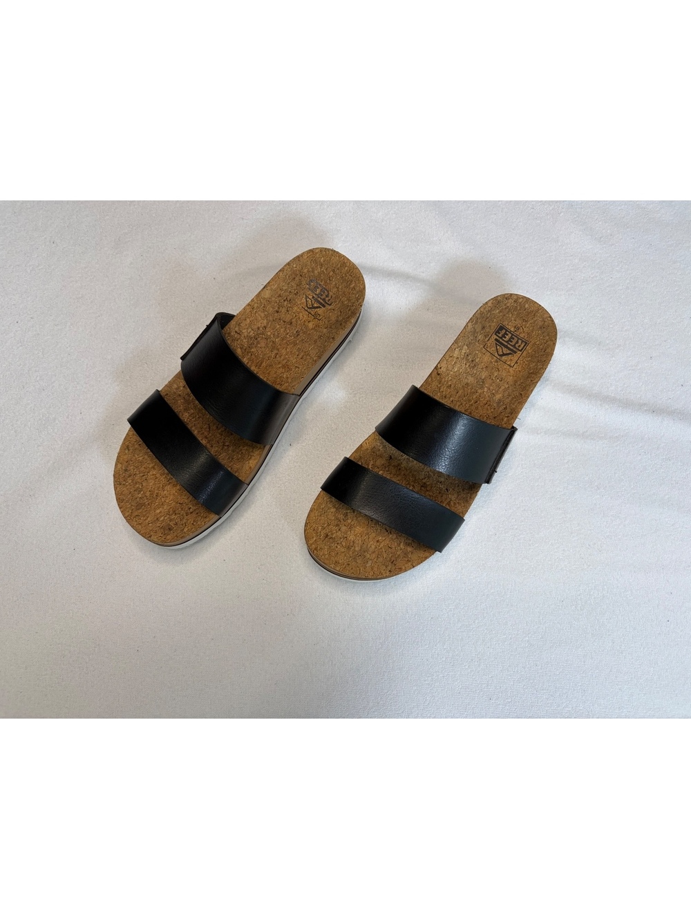Reef Women's Black Double Strap Slide Sandals with Cork Footbed - Picture 2 of 6